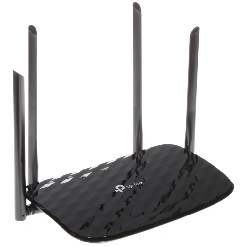 Czarny router TP-Link TL-EC230-G1 z czterema antenami, oferujący prędkości 450 Mb/s na 2,4 GHz i 867 Mb/s na 5 GHz. Obudowa ma błyszczące, teksturowane wykończenie z logo TP-Link na górze.