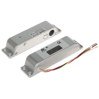 Zdjęcie przedstawia rygiel elektromagnetyczny ATLO-EB-L06 w kolorze srebrnym, z widocznymi oznaczeniami CE i przewodami elektrycznymi. Urządzenie ma prostokątny kształt z otworami montażowymi na rogach.