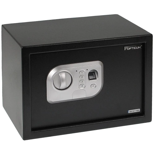 Czarny sejf biometryczny Opticum Eclipse z panelem przednim wyposażonym w czytnik linii papilarnych, klawiaturę numeryczną i pokrętło. Solidna konstrukcja zapewnia bezpieczeństwo przechowywanych przedmiotów.