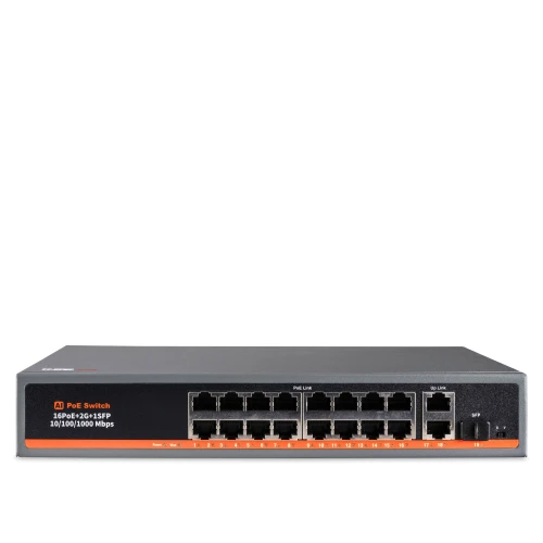 Na zdjęciu znajduje się czarny, 16-portowy switch sieciowy z oznaczeniami prędkości 10/100/1000 Mbps. Urządzenie posiada porty Ethernet oraz dwa porty SFP, a na przednim panelu widoczna jest pomarańczowa linia z opisem funkcji PoE.