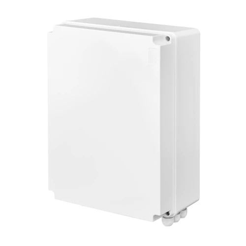 Biały, prostokątny switch PoE BCS UPS IP4 z gładką powierzchnią i zaokrąglonymi krawędziami. Urządzenie posiada dwa złącza kablowe na dolnej krawędzi.