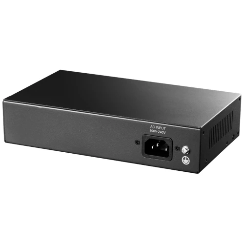 Czarny switch sieciowy z metalową obudową, widoczny od tyłu z gniazdem zasilania AC. Urządzenie ma prostokątny kształt i minimalistyczny design.