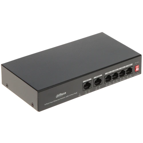 Czarny switch PoE Dahua PFS3006-4ET-36 z czterema portami Ethernet i dwoma portami uplink. Urządzenie ma kompaktową, prostokątną obudowę z wyraźnie oznaczonymi portami na przednim panelu.