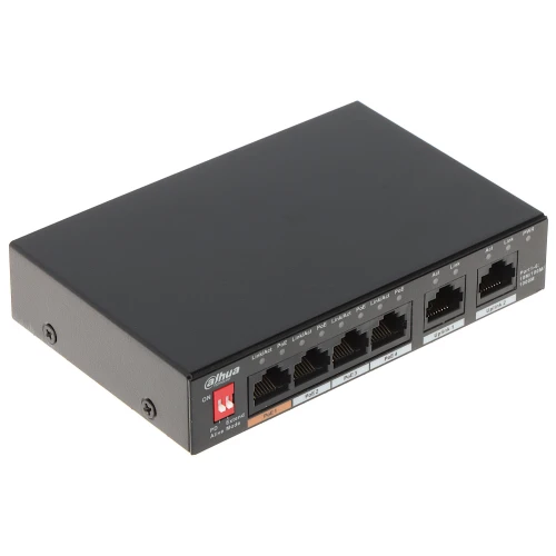 4-portowy switch PoE Dahua PFS3006-4GT-60-V2 w czarnej obudowie z portami Ethernet i wskaźnikami LED. Urządzenie posiada cztery porty PoE oraz dwa porty uplink, idealne do zasilania i łączenia urządzeń sieciowych.