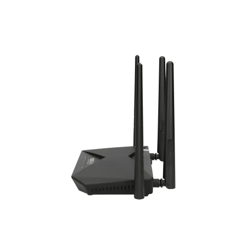 Czarny router z dwoma pionowymi antenami widoczny z boku. Urządzenie ma nowoczesny, kanciasty design.