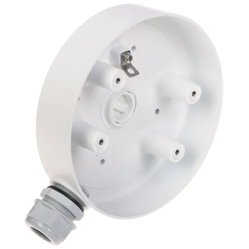 Okrągły, biały uchwyt kamery z kilkoma otworami montażowymi i metalowym elementem mocującym. Na dole znajduje się szara, plastikowa złączka kablowa.