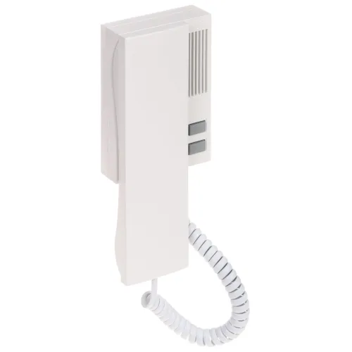 Na zdjęciu znajduje się biały unifon cyfrowy z dwoma przyciskami i spiralnym kablem. Urządzenie ma prosty, nowoczesny design z pionowymi żłobieniami na górze.