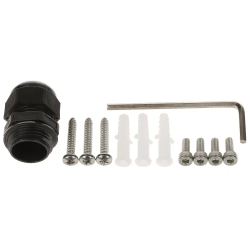 Na zdjęciu znajduje się zestaw montażowy składający się z czarnej plastikowej złączki kablowej, czterech srebrnych wkrętów, czterech plastikowych kołków rozporowych, czterech mniejszych srebrnych śrub oraz klucza imbusowego. Elementy są ułożone na białym tle, co podkreśla ich szczegóły i kształty.