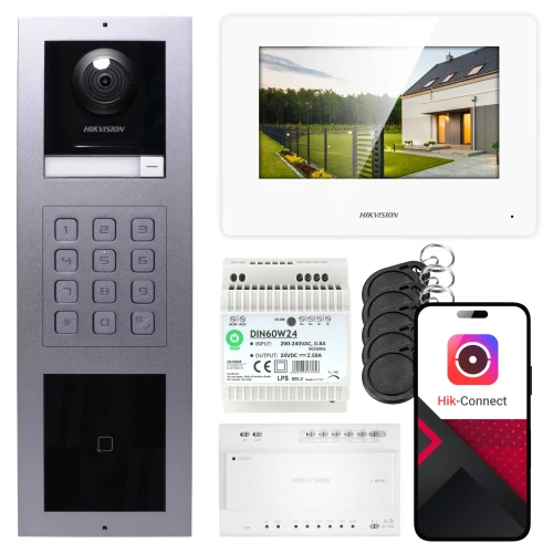 2-draads video-intercom Hikvision 1x monitor DS-KH6320Y-WTE2 wit, opbouwpaneel, toetsenbord, lezer