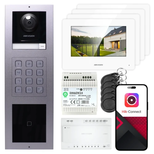 2-draads video-intercom Hikvision 4x monitor DS-KH6320Y-WTE2 wit, opbouwpaneel, toetsenbord, lezer
