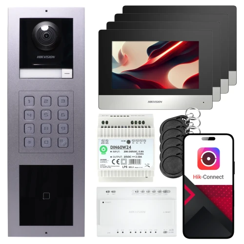 2-draads video-intercom Hikvision 4x monitor DS-KH6320Y-WTE2 zwart, opbouwpaneel, toetsenbord, lezer