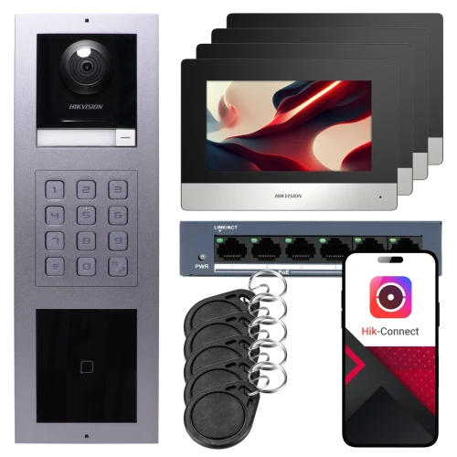 IP video-intercom Hikvision 4x monitor DS-KH6320-WTE1, opbouw, paneel, toetsenbord, lezer