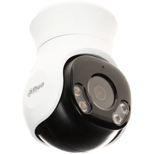 Kamera monitoringu marki Dahua w kolorze czarno-białym, widoczna z perspektywy od dołu. Urządzenie ma okrągły kształt z czterema diodami LED wokół obiektywu.