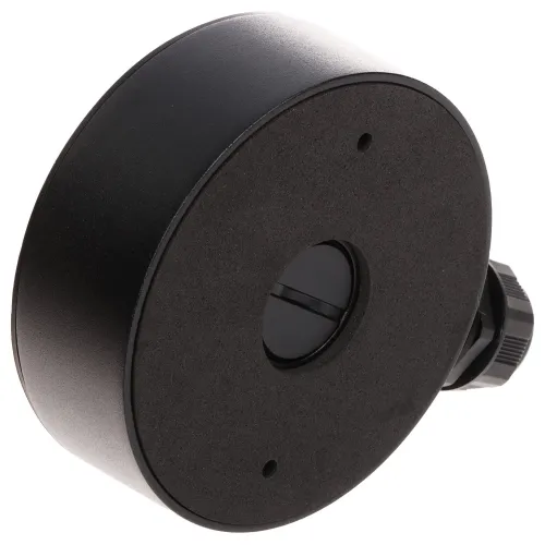 Czarny, okrągły uchwyt montażowy z otworem centralnym i dwoma mniejszymi otworami na powierzchni. Widoczny jest również element mocujący z boku.