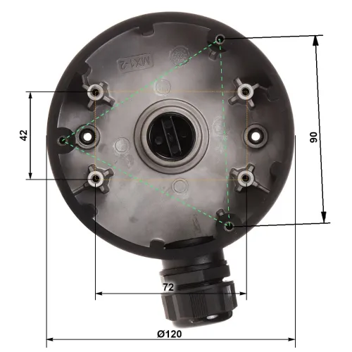 Zdjęcie przedstawia okrągłą podstawę montażową kamery z widocznymi otworami na śruby i oznaczeniami wymiarów. Na powierzchni znajdują się linie pomocnicze oraz oznaczenia techniczne.