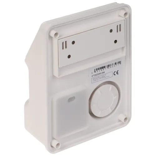 Biały, prostokątny panel elektroniczny z okrągłym pokrętłem i miejscem na mocowanie na tylnej stronie. Widoczne są również otwory montażowe i kod kreskowy.