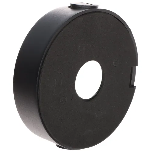Czarny, okrągły uchwyt montażowy z otworem pośrodku, widoczny z boku. Powierzchnia jest gładka, a krawędzie lekko zaokrąglone.