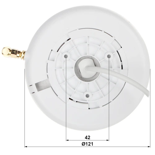 Biały, okrągły wentylator sufitowy z widocznym mocowaniem i podłączonym przewodem elektrycznym. Na zdjęciu zaznaczone są wymiary: średnica 121 mm i odległość między otworami montażowymi 42 mm.