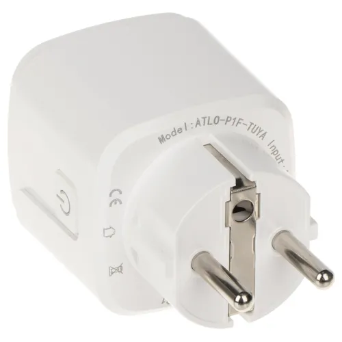 Biały adapter elektryczny z dwoma bolcami i przyciskiem z boku, widoczny z perspektywy bocznej. Na urządzeniu znajdują się oznaczenia modelu i specyfikacji technicznej.