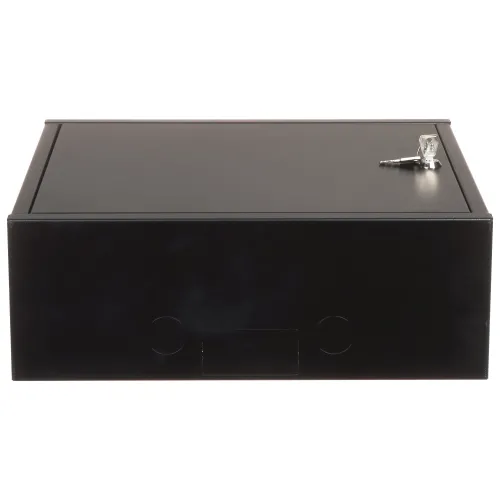 Czarna metalowa szafka z zamkiem i kluczem umieszczonym na górze. Widok z przodu ukazuje prostą, solidną konstrukcję.