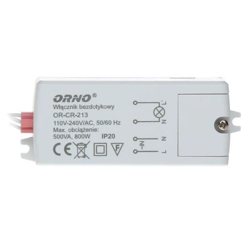 Na zdjęciu znajduje się biały włącznik bezdotykowy marki ORNO, model OR-CR-213, z widocznymi oznaczeniami technicznymi i specyfikacją. Urządzenie posiada złącza po lewej stronie i jest oznaczone symbolem CE oraz klasą ochrony IP20.