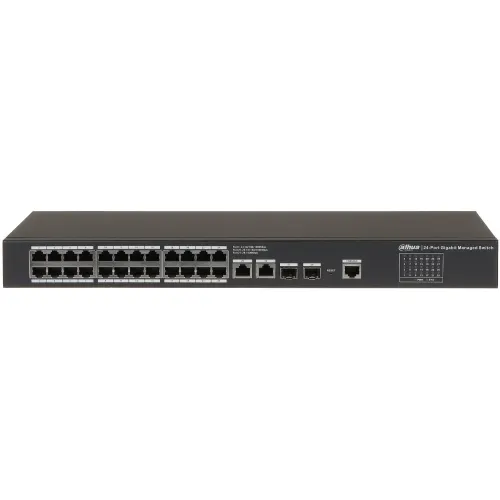 Na zdjęciu znajduje się czarny, zarządzalny przełącznik sieciowy Dahua z 24 portami Ethernet oraz dodatkowymi portami SFP i konsolą. Urządzenie ma prostokątny kształt i jest widoczne z przodu, z wyraźnie oznaczonymi portami i przyciskiem reset.