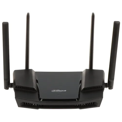 Czarny router Dahua z czterema antenami, widoczny z przodu. Urządzenie ma nowoczesny design z logo Dahua na górnej powierzchni.