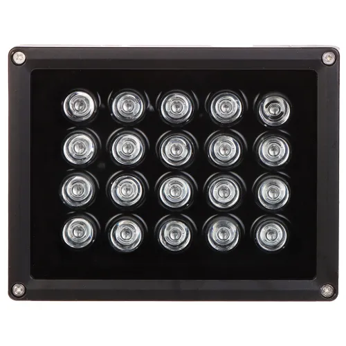 Zdjęcie przedstawia prostokątną lampę LED z 20 okrągłymi diodami ułożonymi w pięciu rzędach. Obudowa lampy jest czarna, a diody są osadzone w srebrnych oprawkach.