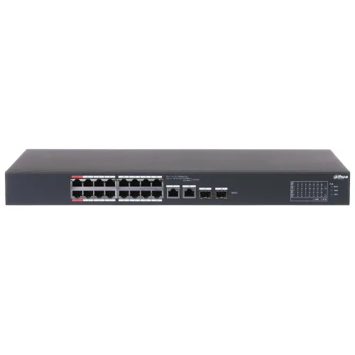 Na zdjęciu znajduje się czarny przełącznik sieciowy z wieloma portami Ethernet na przednim panelu. Po prawej stronie widoczny jest panel z diodami LED wskazującymi status połączeń.