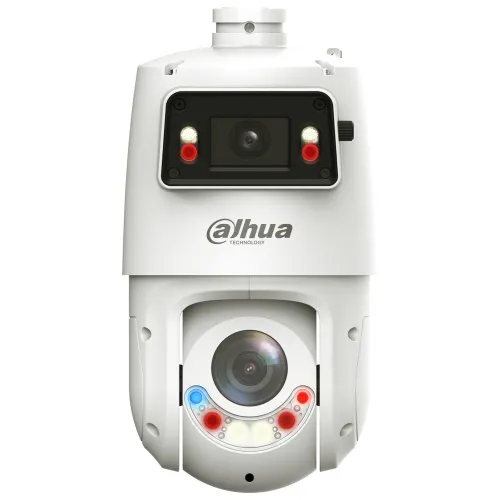 Kamera monitoringu Dahua w kolorze białym z widocznymi obiektywami i diodami LED na przednim panelu. Urządzenie ma nowoczesny design i logo producenta na obudowie.