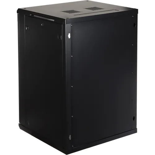 Czarna szafka rackowa widziana z tyłu, z solidną metalową konstrukcją i otworami wentylacyjnymi na górze. Szafka ma prosty, minimalistyczny design z kilkoma widocznymi śrubami na bokach.
