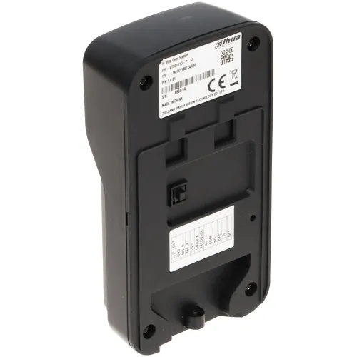 Czarny, prostokątny panel z tworzywa sztucznego z widocznymi etykietami i oznaczeniami producenta na tylnej stronie. Panel posiada otwory montażowe i złącza do instalacji.