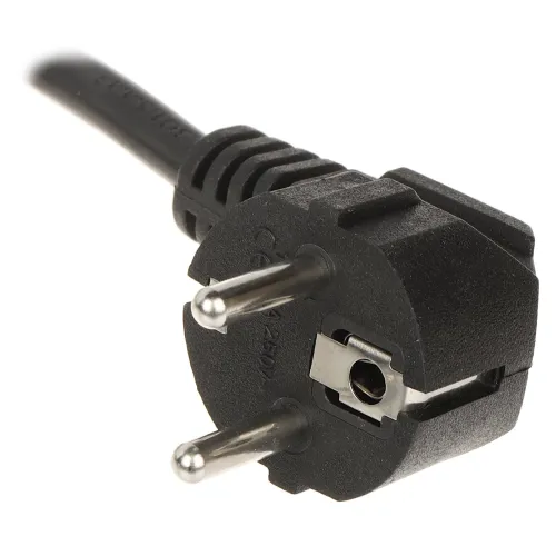 Czarny wtyk elektryczny CEE z dwoma metalowymi bolcami i otworem uziemiającym. Wtyczka jest podłączona do czarnego kabla.
