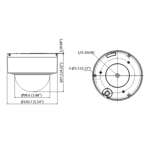 Rysunek techniczny przedstawia wymiary kamery kopułkowej, ukazując widok z boku oraz z góry. Na rysunku zaznaczone są szczegółowe wymiary w milimetrach i calach, a także otwory montażowe.