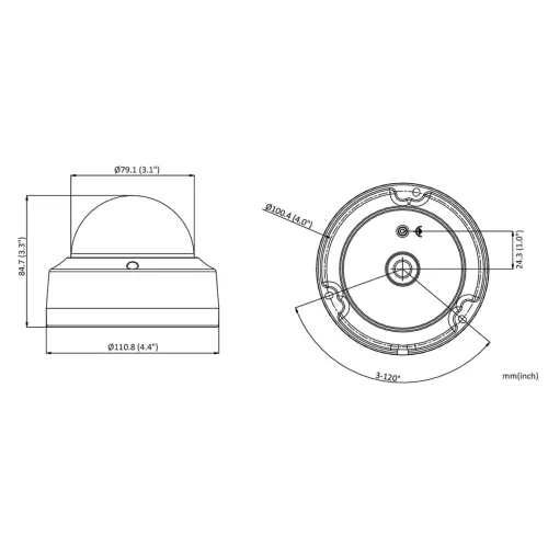 Schemat przedstawia wymiary kamery kopułkowej, z widokiem z boku i od spodu. Wymiary podane są w milimetrach i calach, a rysunki zawierają szczegóły dotyczące średnicy i wysokości kamery.
