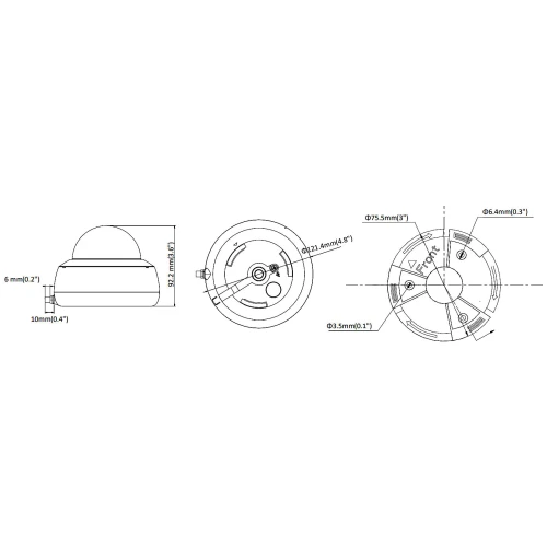 Schemat przedstawia wymiary kamery kopułkowej, ukazując jej profil boczny oraz widok z góry. Zawiera szczegółowe oznaczenia wymiarów w milimetrach i calach, w tym średnicę i wysokość urządzenia.