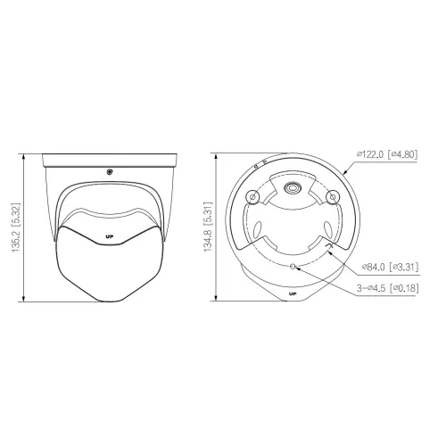 Schemat przedstawia wymiary kamery kopułkowej z widokiem z boku i od dołu. Wymiary są podane w milimetrach i calach, a rysunek zawiera oznaczenia techniczne.