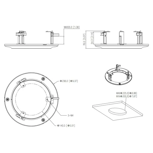 Schemat przedstawia wymiary i konstrukcję okrągłego elementu montażowego z trzema uchwytami. Zawiera widok z góry, z boku oraz przekrój, z oznaczeniami wymiarów w milimetrach i calach.