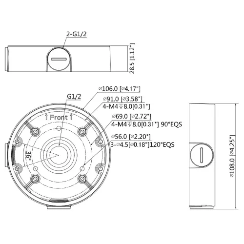 Schemat przedstawia wymiary i szczegóły techniczne okrągłego urządzenia z oznaczeniami otworów montażowych i średnic. Widoczne są różne perspektywy, w tym widok z przodu i z boku, z podanymi wymiarami w milimetrach i calach.