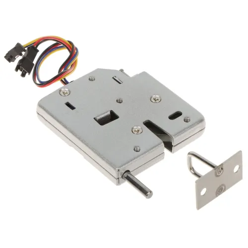 Na zdjęciu znajduje się zaczep elektromagnetyczny szafkowy w kolorze srebrnym z widocznymi przewodami w kolorach czerwonym, żółtym, niebieskim i czarnym. Obok zaczepu leży metalowa płytka montażowa z dwoma otworami.