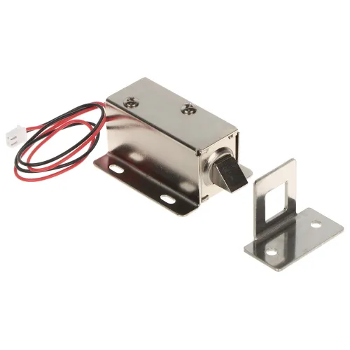 Na zdjęciu znajduje się metalowy zaczep elektromagnetyczny z przewodami, obok którego leży metalowy uchwyt montażowy. Zaczep ma prostokątny kształt i jest wykonany ze srebrnego metalu.