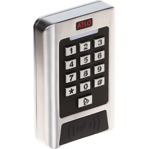 Na zdjęciu znajduje się metaliczny zamek szyfrowy z klawiaturą numeryczną i przyciskiem dzwonka. Urządzenie ma oznaczenie "ATLO" na górze i symbol RF na dole.