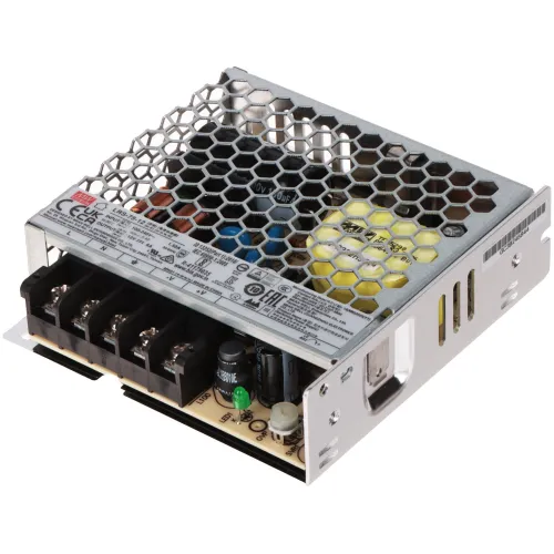 Zasilacz impulsowy LRS-75-12 Mean Well z metalową obudową o strukturze plastra miodu. Widoczne są złącza, etykieta z danymi technicznymi oraz elementy elektroniczne.