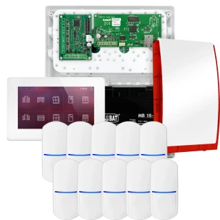 SATEL INTEGRA 32 alarmsysteemset, 10x PET detector, sirene, witte bedieningspaneel INT-TSH2-W