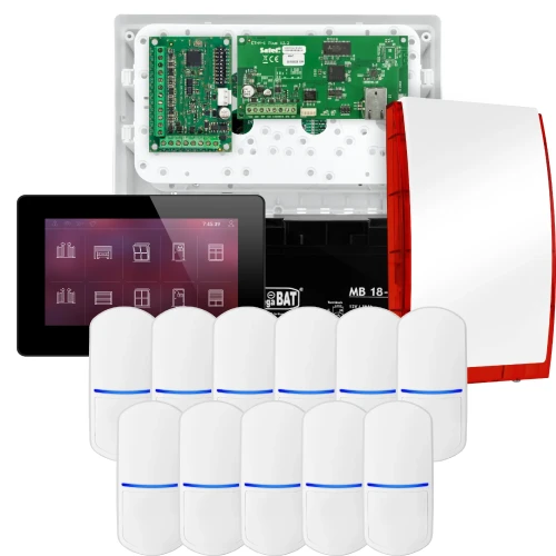SATEL INTEGRA 32 alarmsysteemset, 11x PET-detector, sirene, zwarte bedieningspaneel INT-TSH2-B