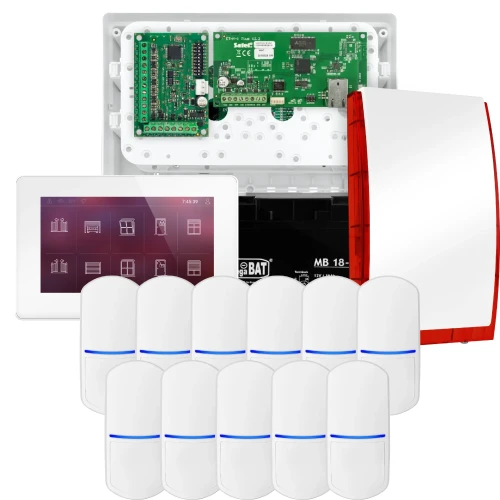 SATEL INTEGRA 32 alarmsysteemset, 11x detector, sirene, witte bedieningspaneel INT-TSH2-W