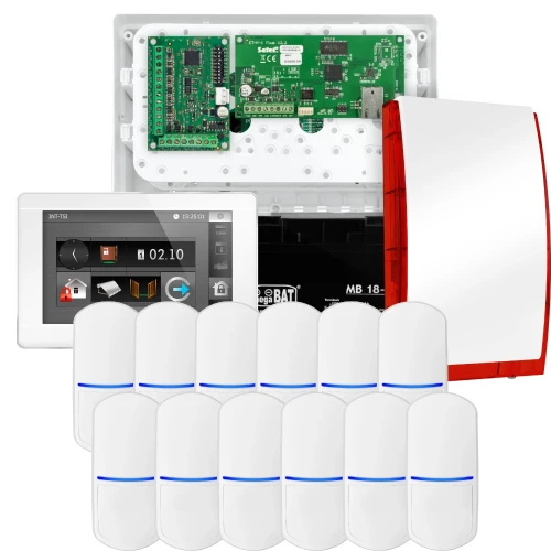 SATEL INTEGRA 32 alarmsysteemset, 12x PET-detector, sirene, witte bedieningspaneel INT-TSI-W