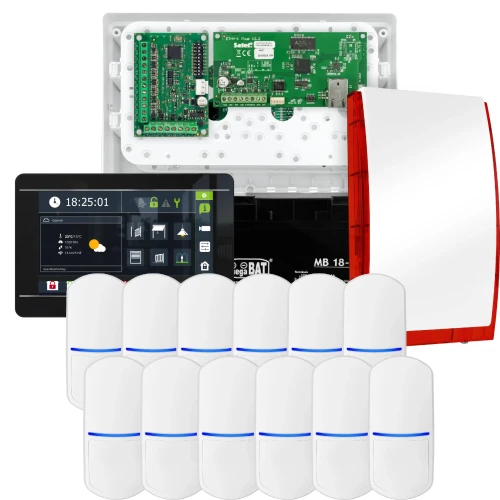 SATEL INTEGRA 32 alarmsysteemset, 12x PET detector, sirene, zwarte bedieningspaneel INT-TSI-B