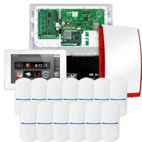SATEL INTEGRA 32 alarmsysteemset, 13x PET detector, sirene, witte bedieningspaneel INT-TSI-W, LTE-communicatie
