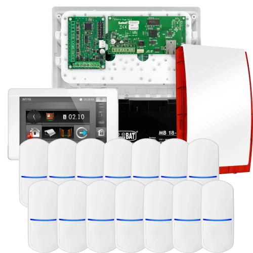 SATEL INTEGRA 32 alarmsysteemset, 14x PET-detector, sirene, witte bedieningspaneel INT-TSI-W